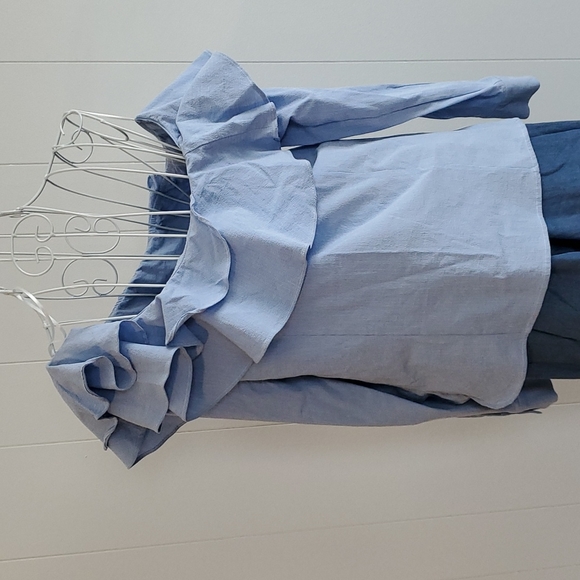 H&M One Shoulder Ruffle long Sleeve Blouse Pinstripes White Blue Size 12 - Picture 5 of 5